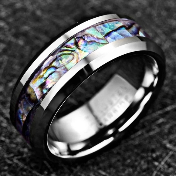 Unisex Ring ✦ Stainless Steel ✦ Natural Abalone Shell Channel ✦ 8mm Silver Band - Picture 2 of 9